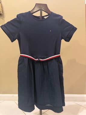 Tommy Hilfiger Navy Girls' Short-Sleeve Belted Fit-and-Flare Dress